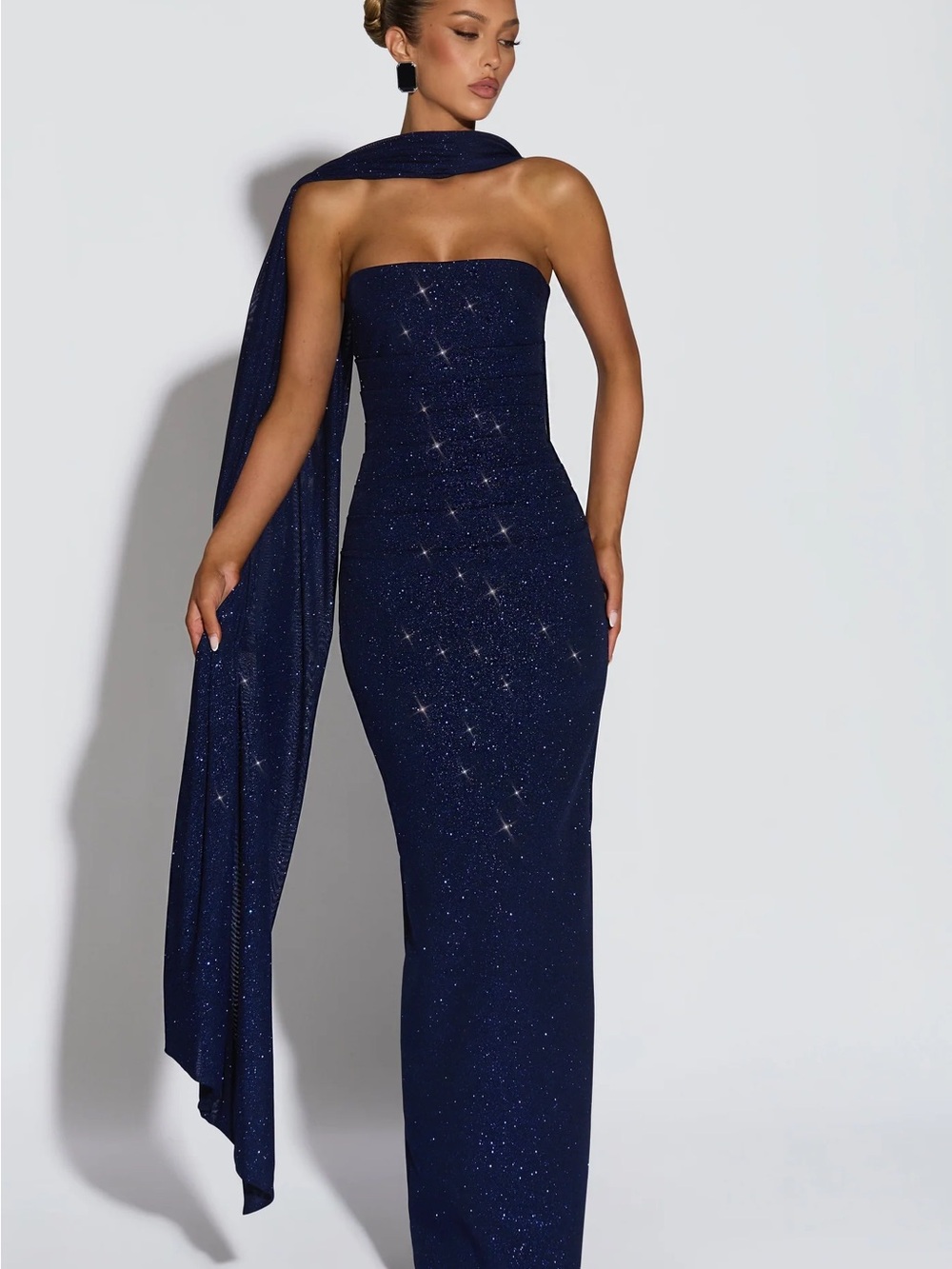 Strapless Navy Sequin Evening Gown with Draped Scarf